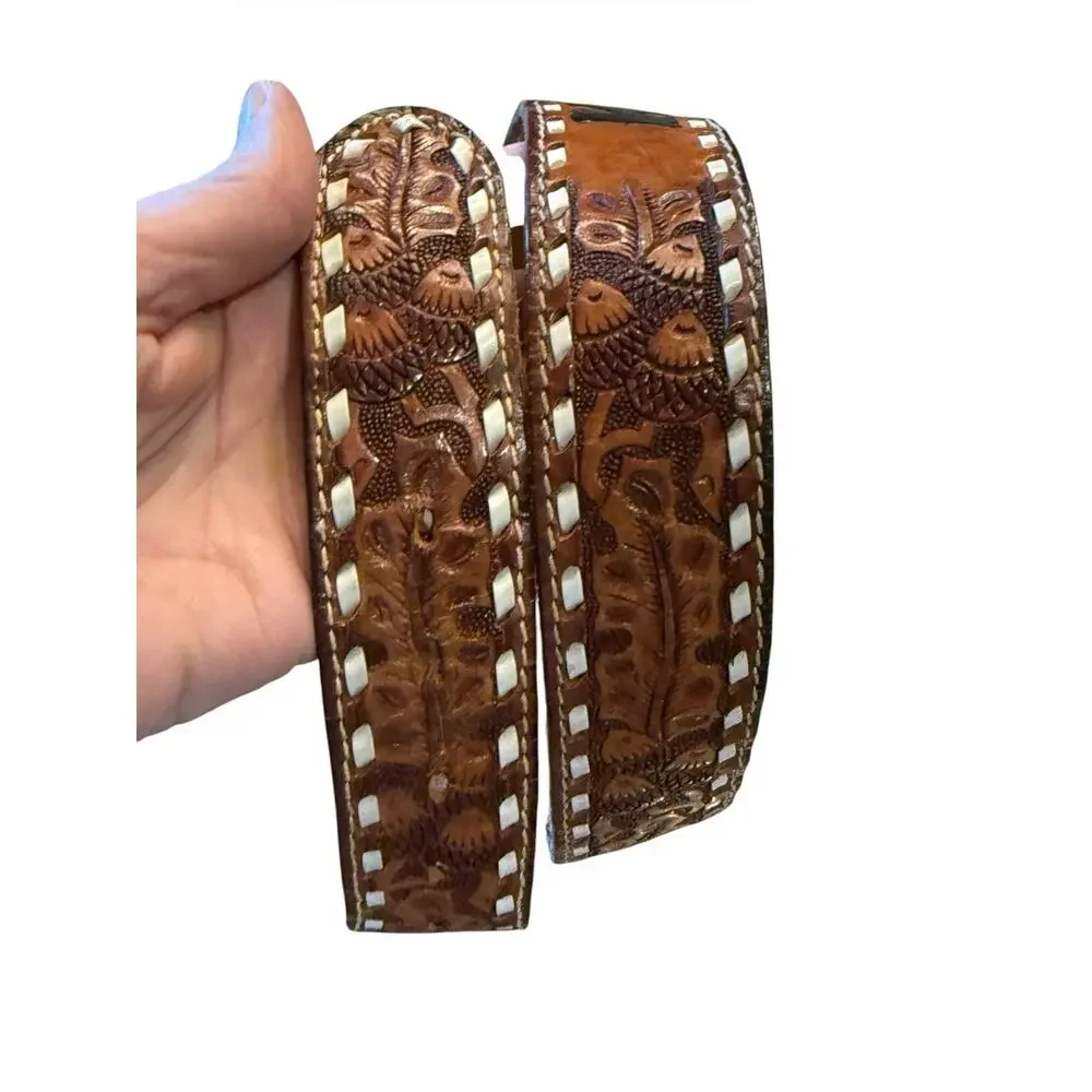 Vintage Hand-Tooled Brown Leather Belt with Kevin Size 30 (Belt Only no Buckle)